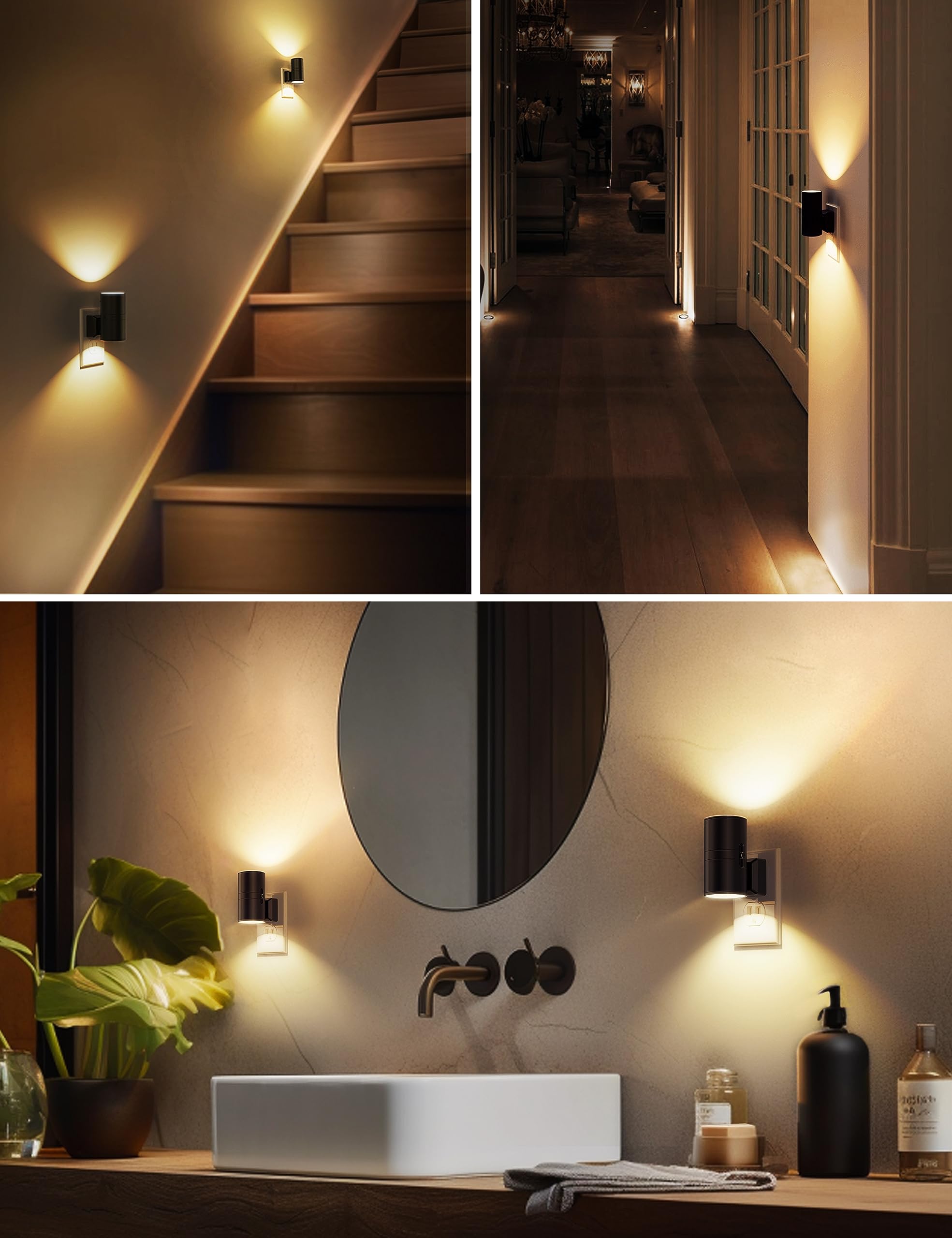 Modern Night Lights Plug into Wall, Dusk to Dawn Sensor, Soft White 3000K, 0-100LM Adjustable Brightness, Dimmable Night Lights for Hallway Bedroom Stairway, 2 Pack