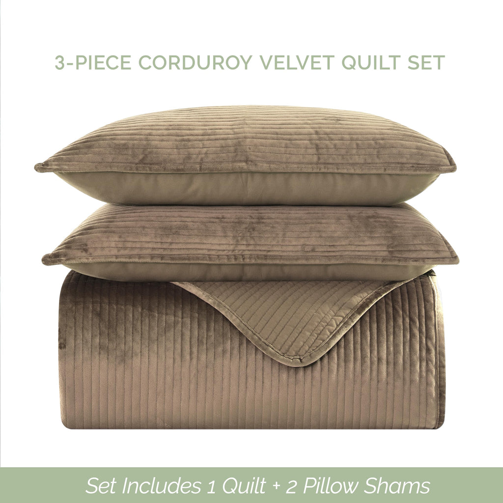 Elegant Comfort Luxury 3-Piece Velvet Corduroy Stripe Quilt Set, Ultra Soft Bedspread - Cozy Velvet Coverlet Set - 3PC Medium Weight Quilted Set with Matching Pillow Shams, Queen, Khaki