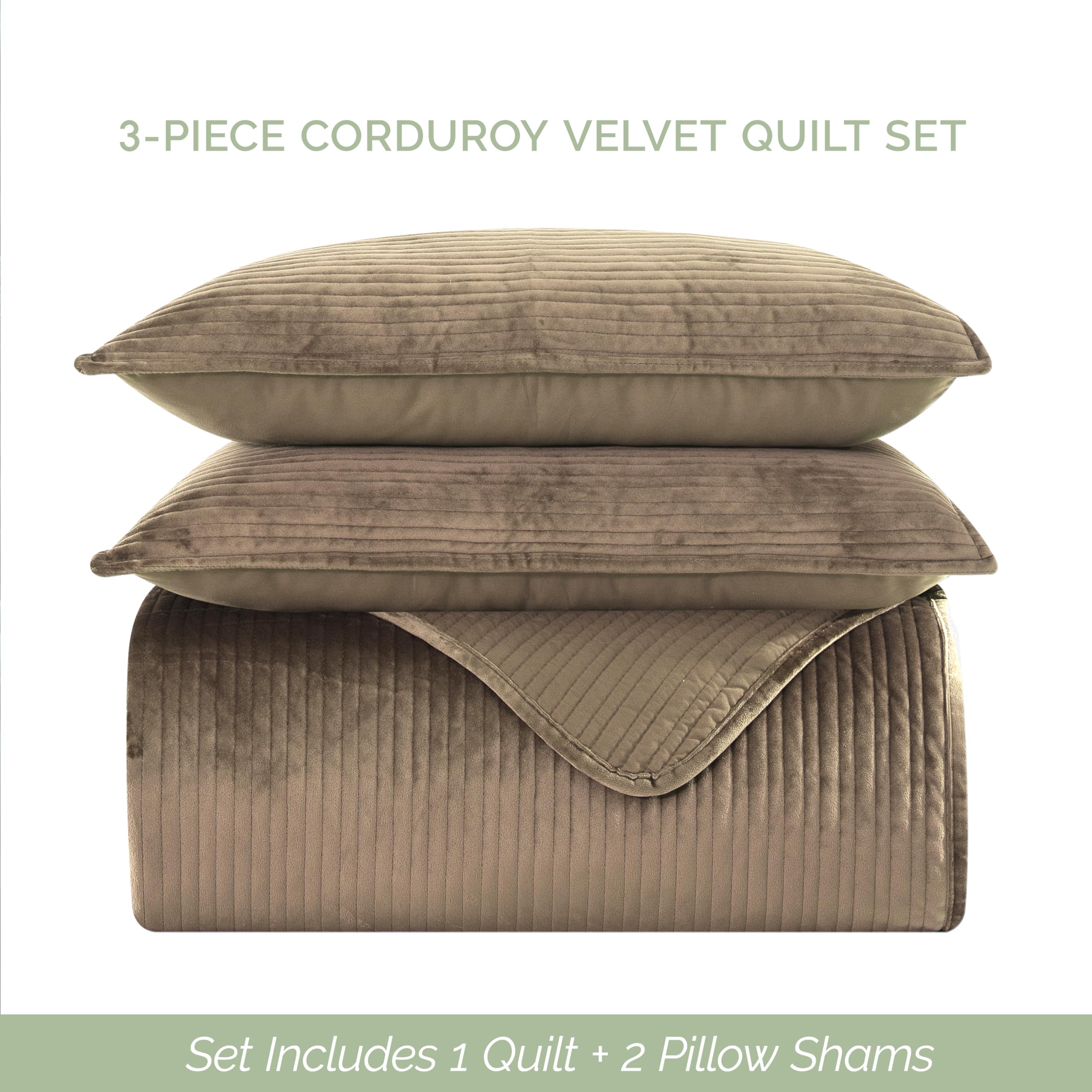 Elegant Comfort Luxury 3-Piece Velvet Corduroy Stripe Quilt Set, Ultra Soft Bedspread - Cozy Velvet Coverlet Set - 3PC Medium Weight Quilted Set with Matching Pillow Shams, Queen, Khaki