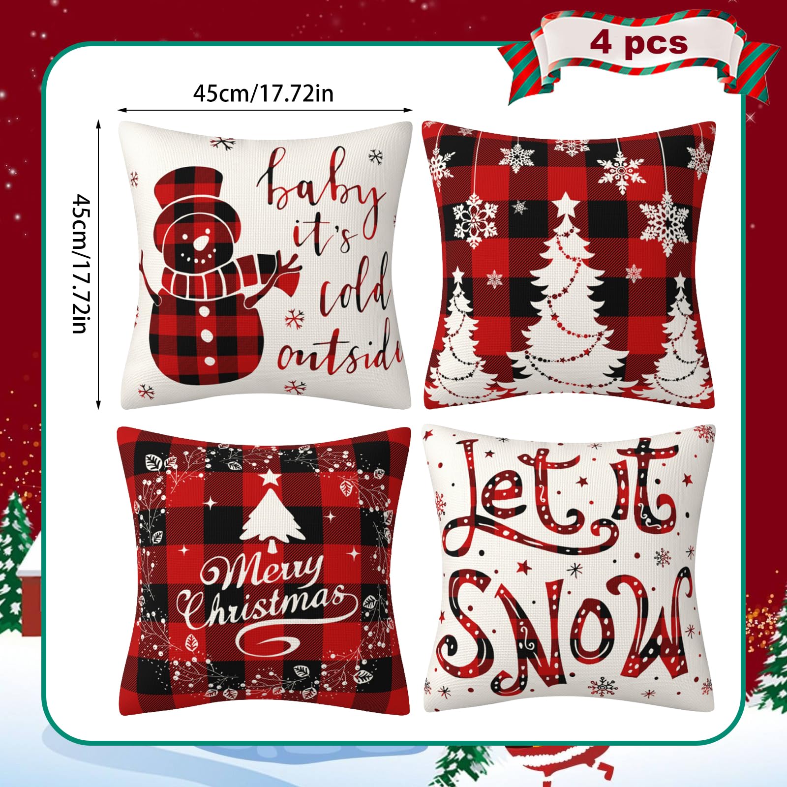 4Pcs Red Christmas Pillow Covers, 18 x 18 Inch Winter Holidays Christmas Cushion Cover Decoration for Sofa