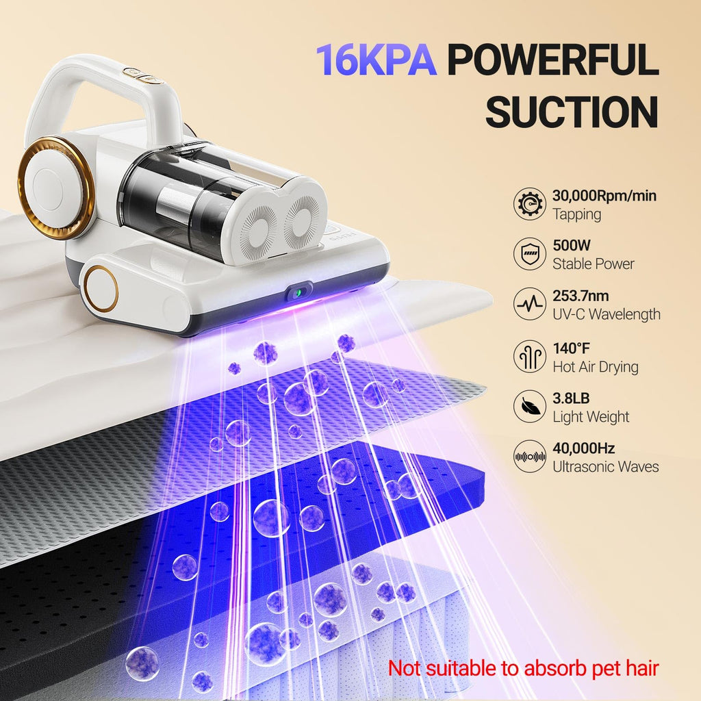 Mattress Vacuum Cleaner, 16Kpa Bed Vacuum Cleaner with 253.7nm UV-C Light, 140°F Heat