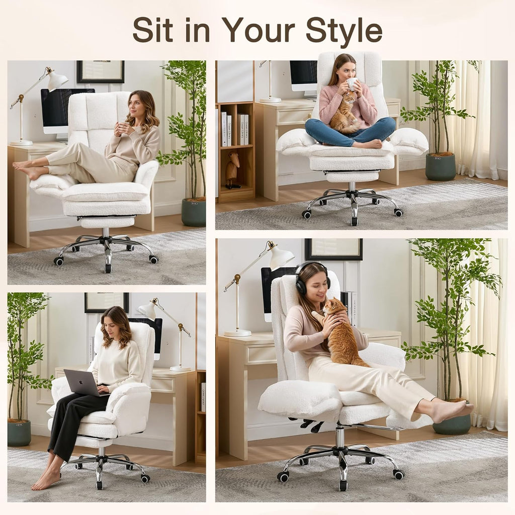 Ergonomic Cloud Cross Legged Office Chair with Footrest,Teddy Fleece