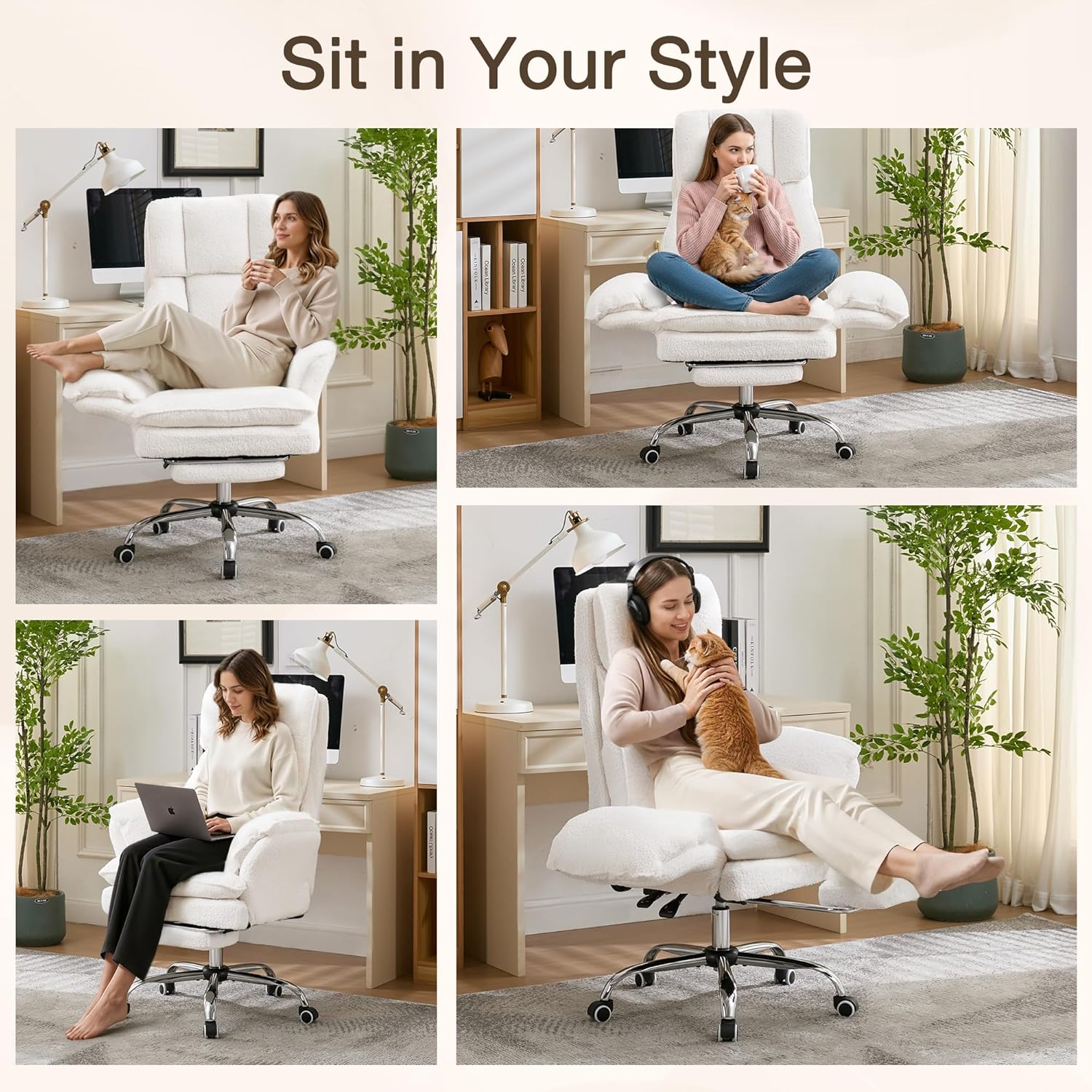 Ergonomic Cloud Cross Legged Office Chair with Footrest,Teddy Fleece