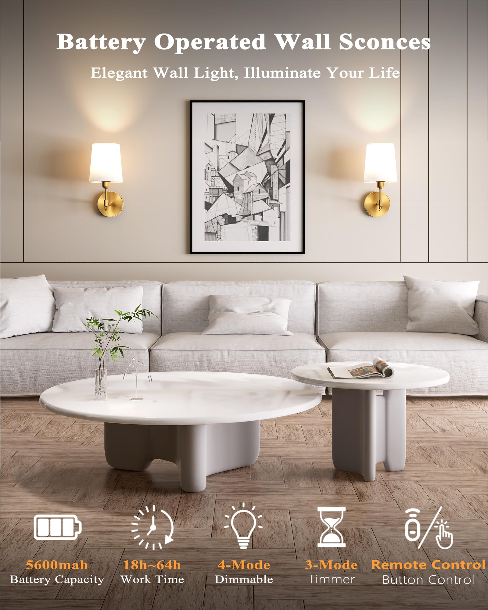 Battery Operated Wall Sconces Set of 2, Wireless Rechargeable Dimmable Wall Light with 5600mAh RGB Bulb and Remote for Bedroom, Living Room, Hallway (Gold)