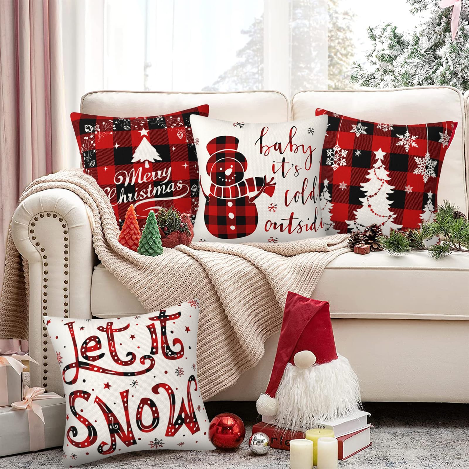 4Pcs Red Christmas Pillow Covers, 18 x 18 Inch Winter Holidays Christmas Cushion Cover Decoration for Sofa