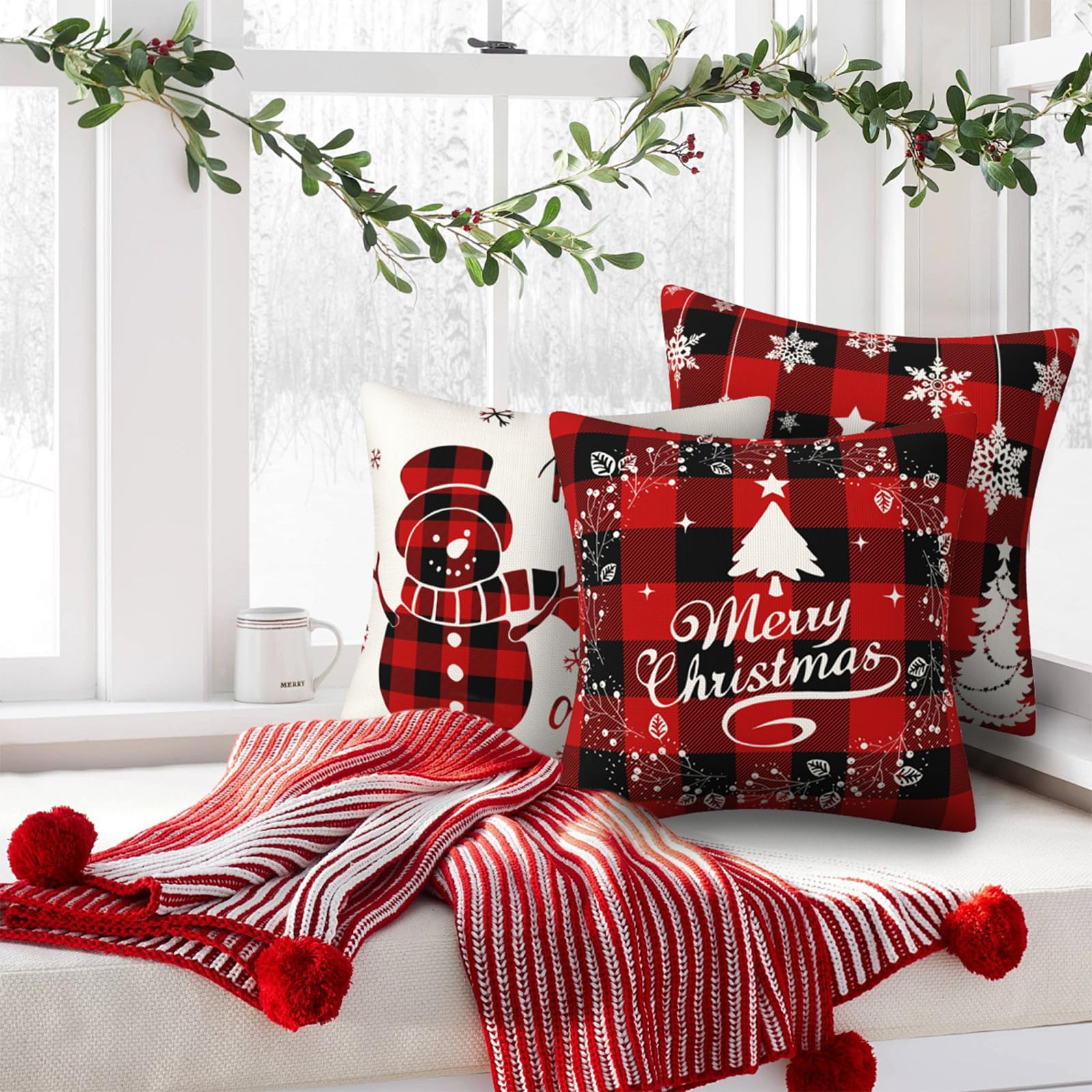 4Pcs Red Christmas Pillow Covers, 18 x 18 Inch Winter Holidays Christmas Cushion Cover Decoration for Sofa