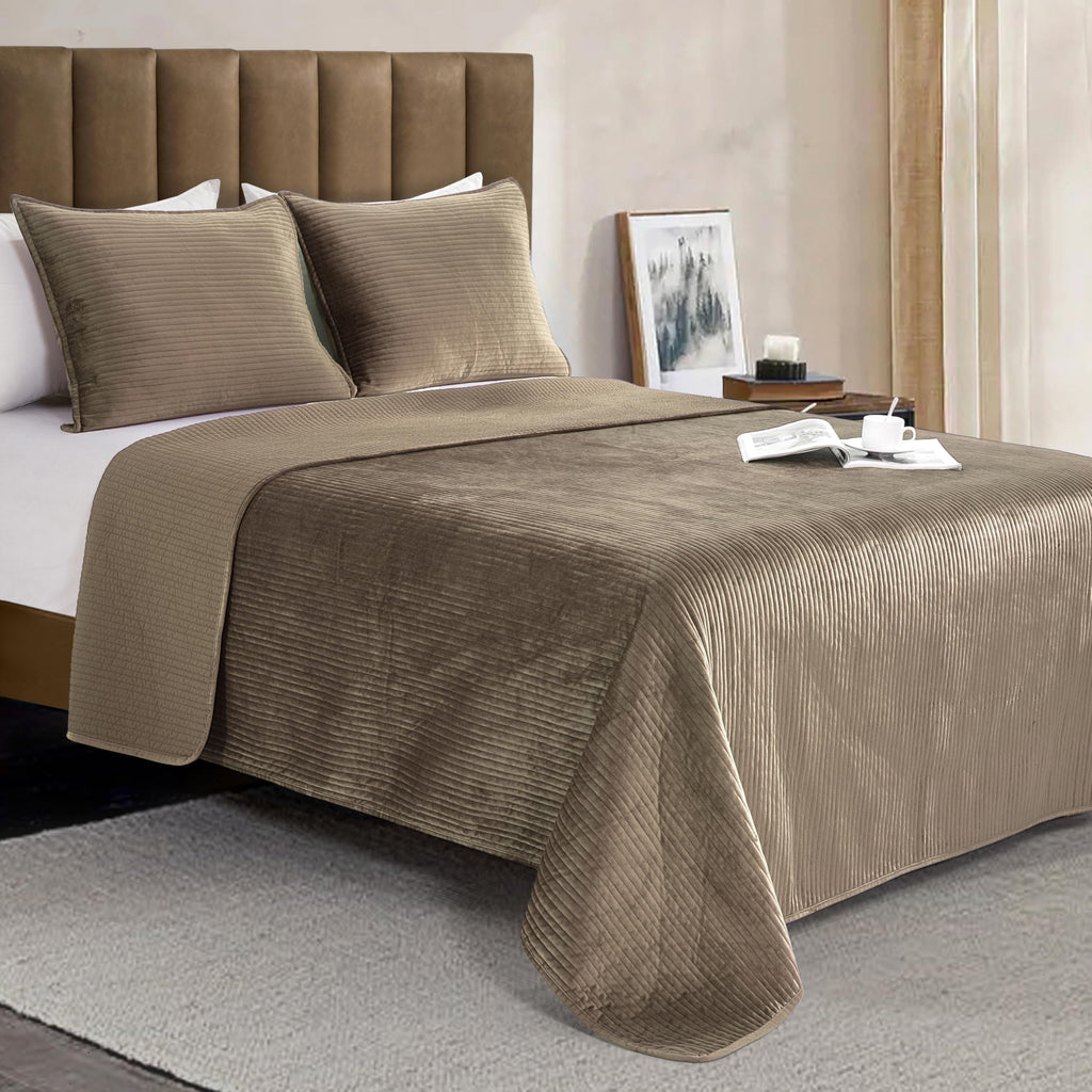 Elegant Comfort Luxury 3-Piece Velvet Corduroy Stripe Quilt Set, Ultra Soft Bedspread - Cozy Velvet Coverlet Set - 3PC Medium Weight Quilted Set with Matching Pillow Shams, Queen, Khaki