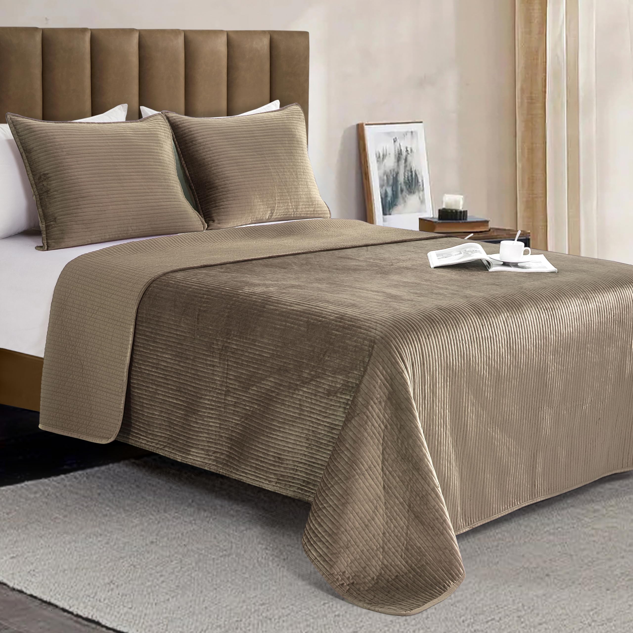 Elegant Comfort Luxury 3-Piece Velvet Corduroy Stripe Quilt Set, Ultra Soft Bedspread - Cozy Velvet Coverlet Set - 3PC Medium Weight Quilted Set with Matching Pillow Shams, Queen, Khaki