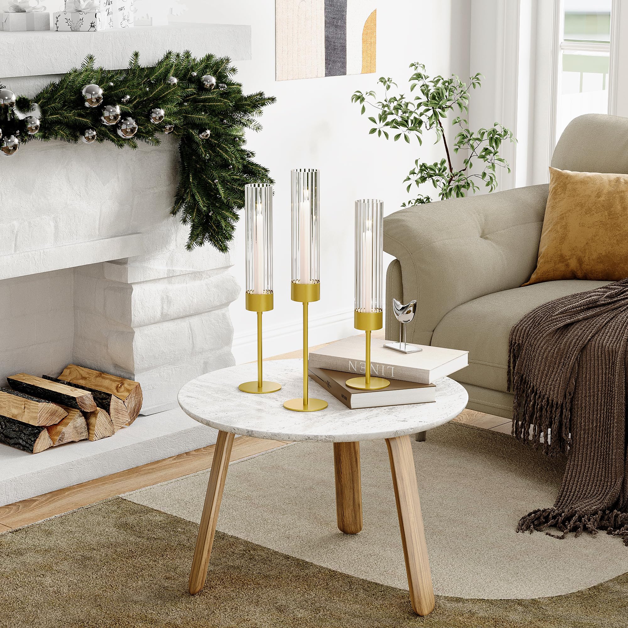Fluted design Glass Candle Holders Set of 3, Premium Tall Gold Candle Stick Holder