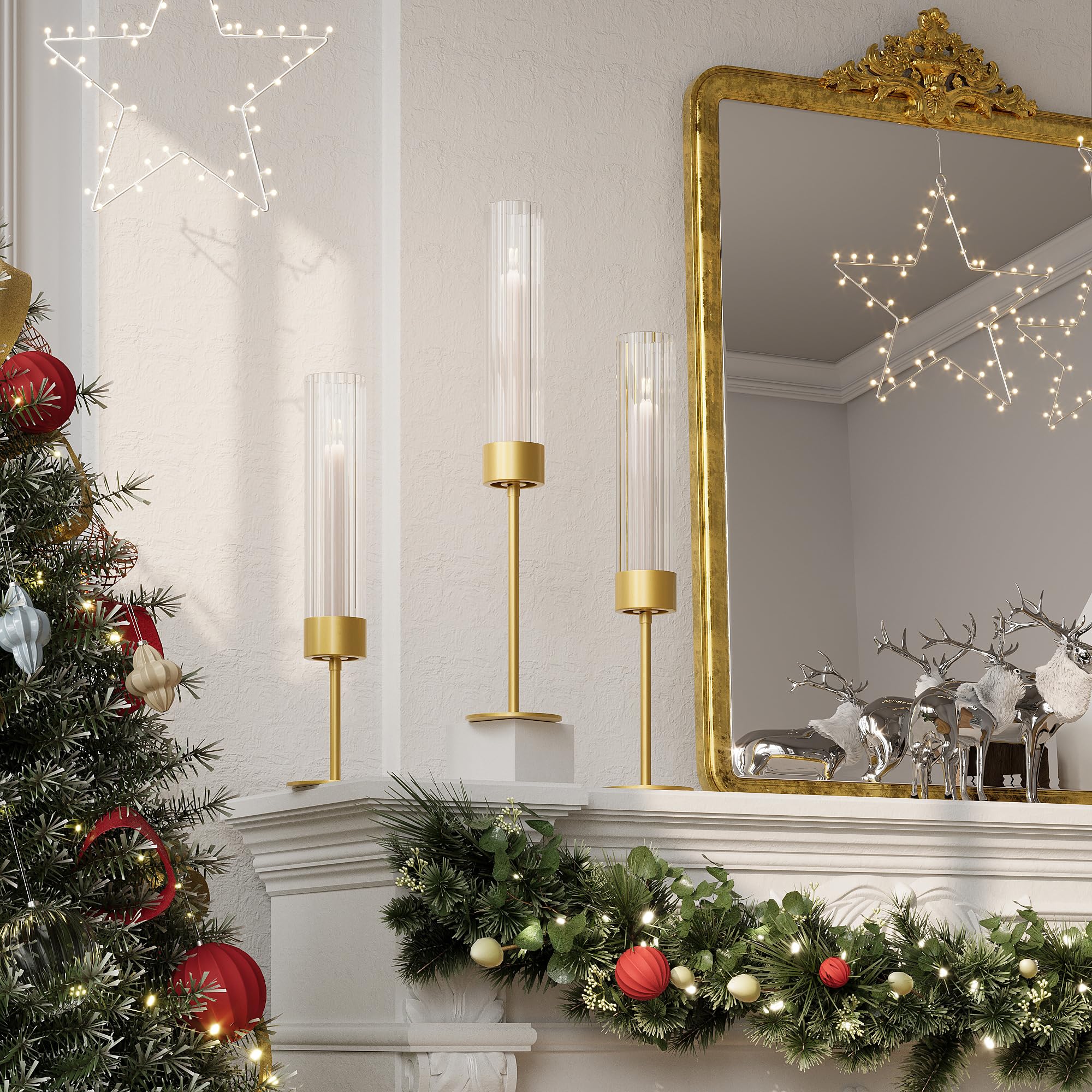Fluted design Glass Candle Holders Set of 3, Premium Tall Gold Candle Stick Holder