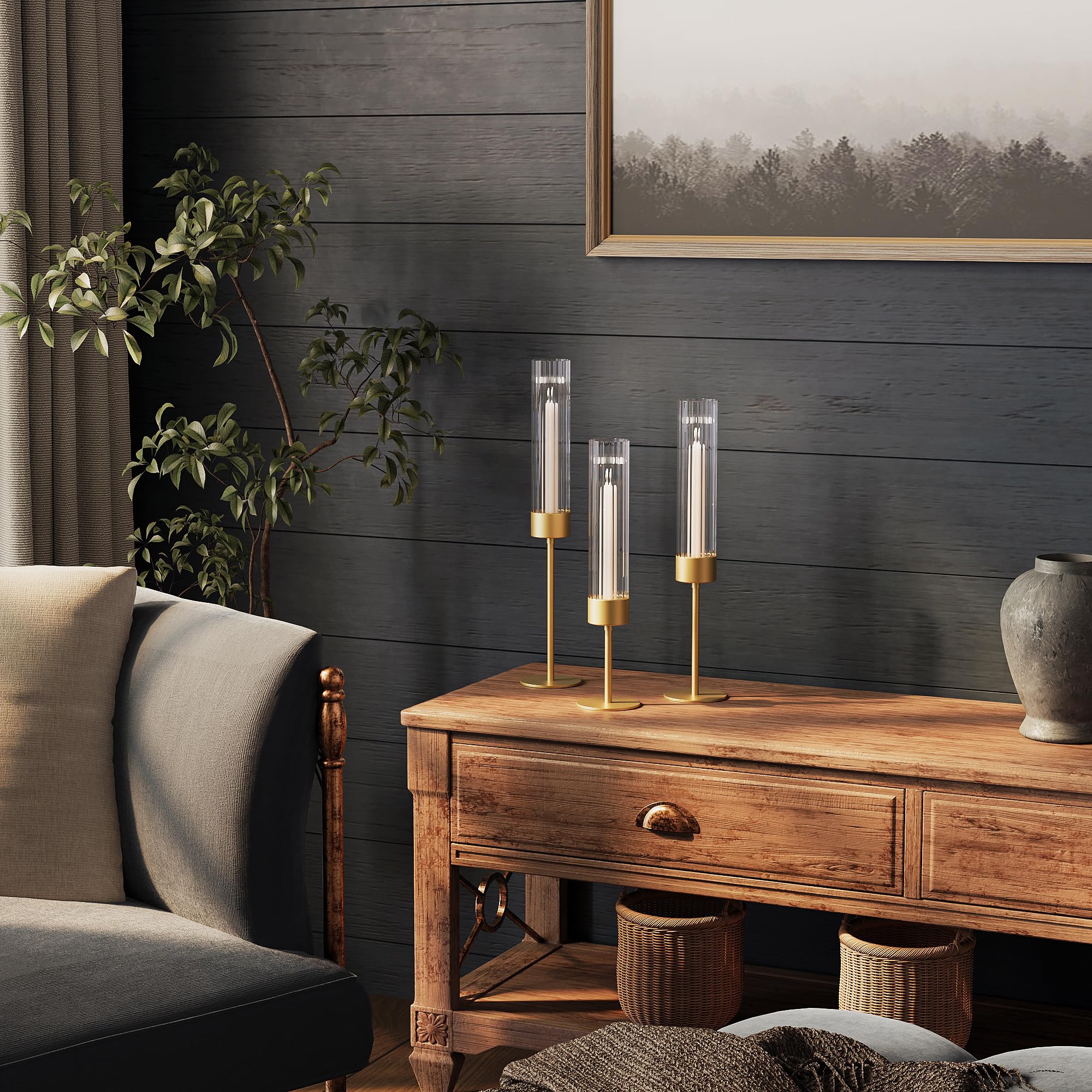 Fluted design Glass Candle Holders Set of 3, Premium Tall Gold Candle Stick Holder