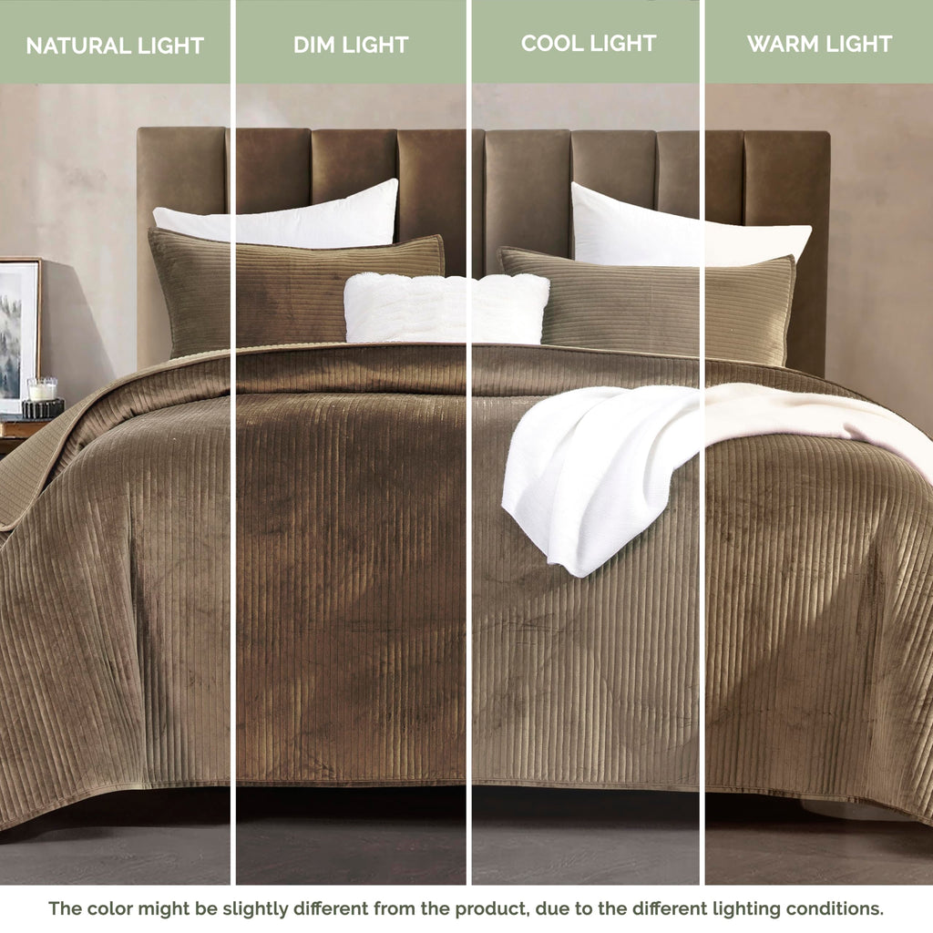 Elegant Comfort Luxury 3-Piece Velvet Corduroy Stripe Quilt Set, Ultra Soft Bedspread - Cozy Velvet Coverlet Set - 3PC Medium Weight Quilted Set with Matching Pillow Shams, Queen, Khaki