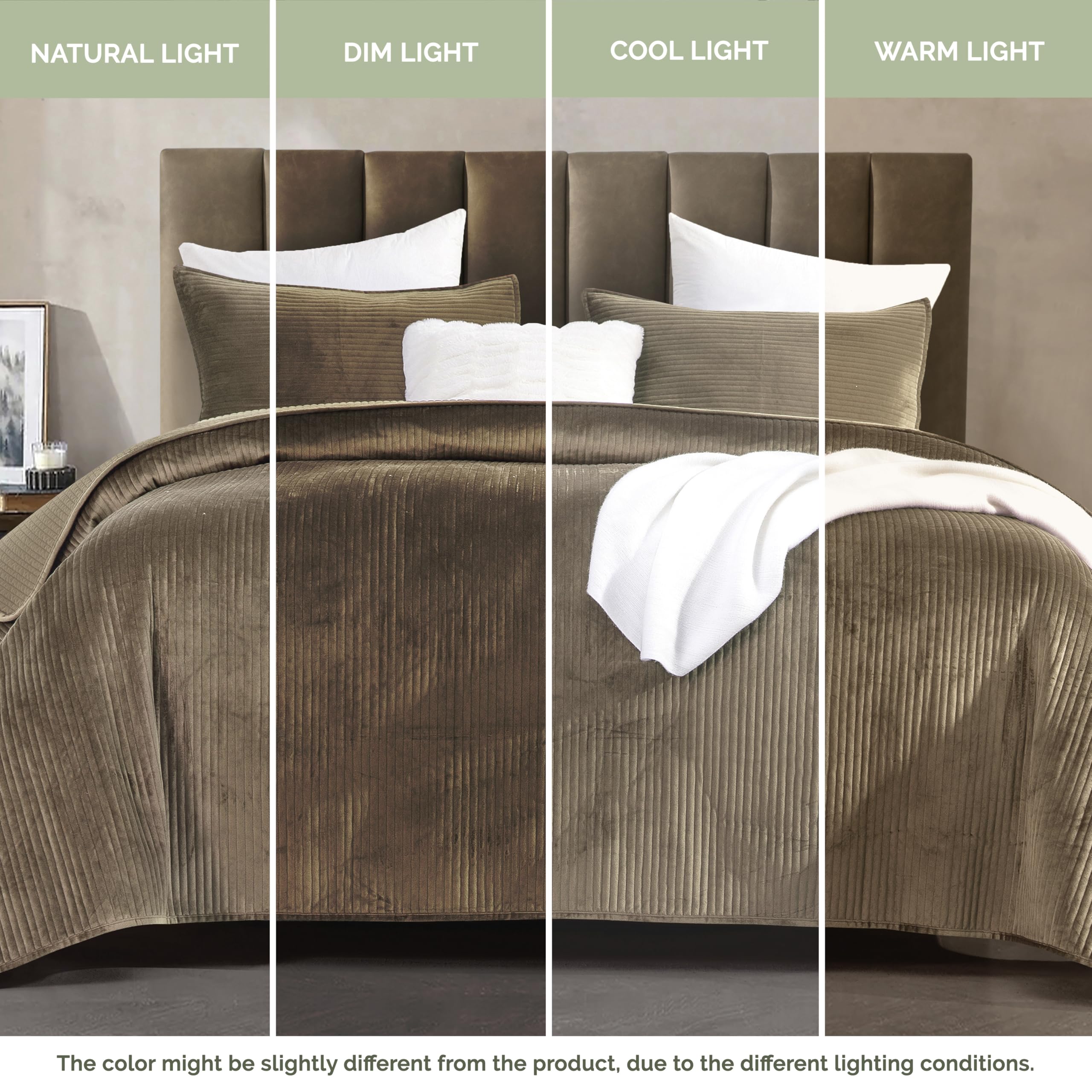 Elegant Comfort Luxury 3-Piece Velvet Corduroy Stripe Quilt Set, Ultra Soft Bedspread - Cozy Velvet Coverlet Set - 3PC Medium Weight Quilted Set with Matching Pillow Shams, Queen, Khaki
