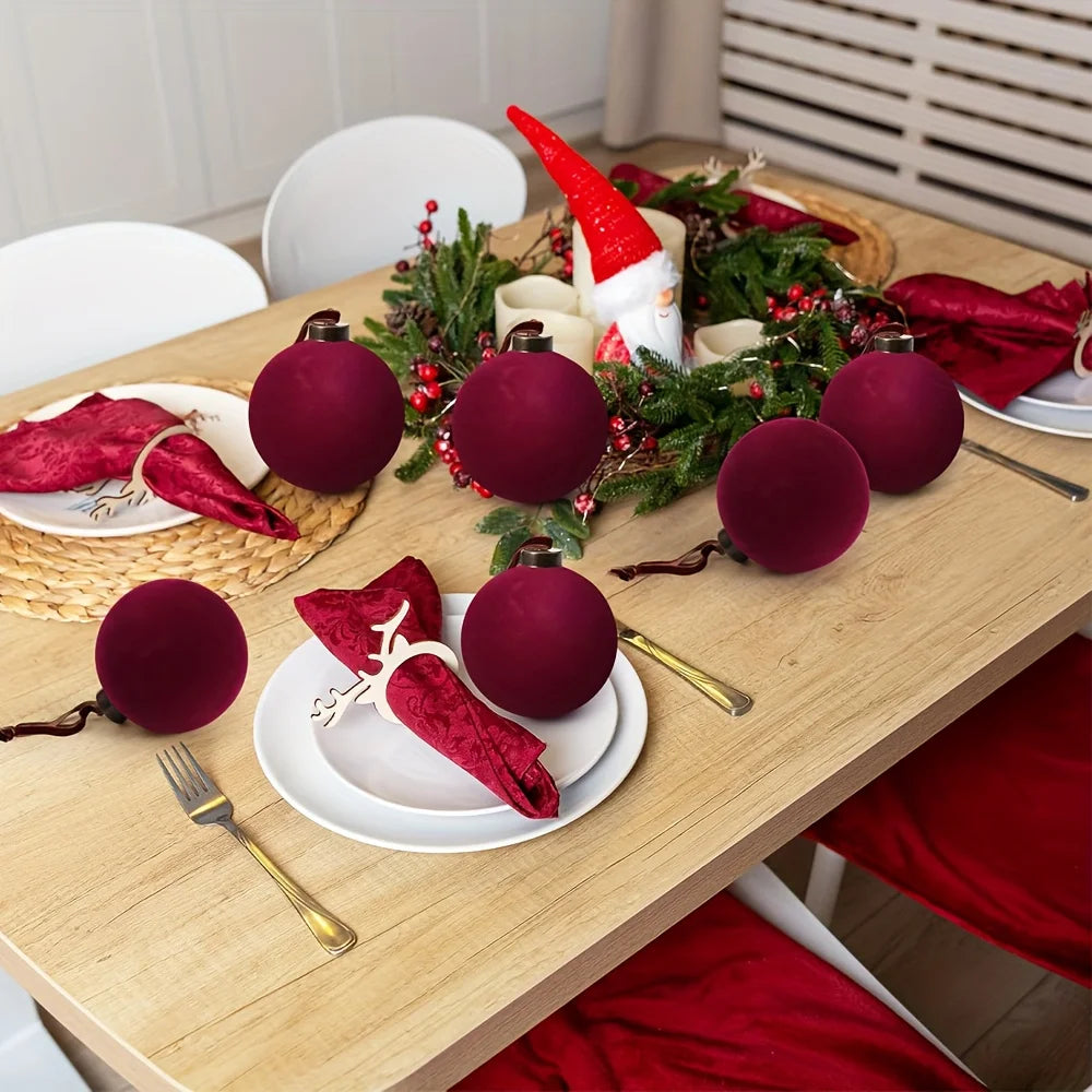 6pcs Luxury Burgundy Red Velvet-Like Texture Flocked Christmas Balls - 1.97 Inch Glossy Spherical Ornaments