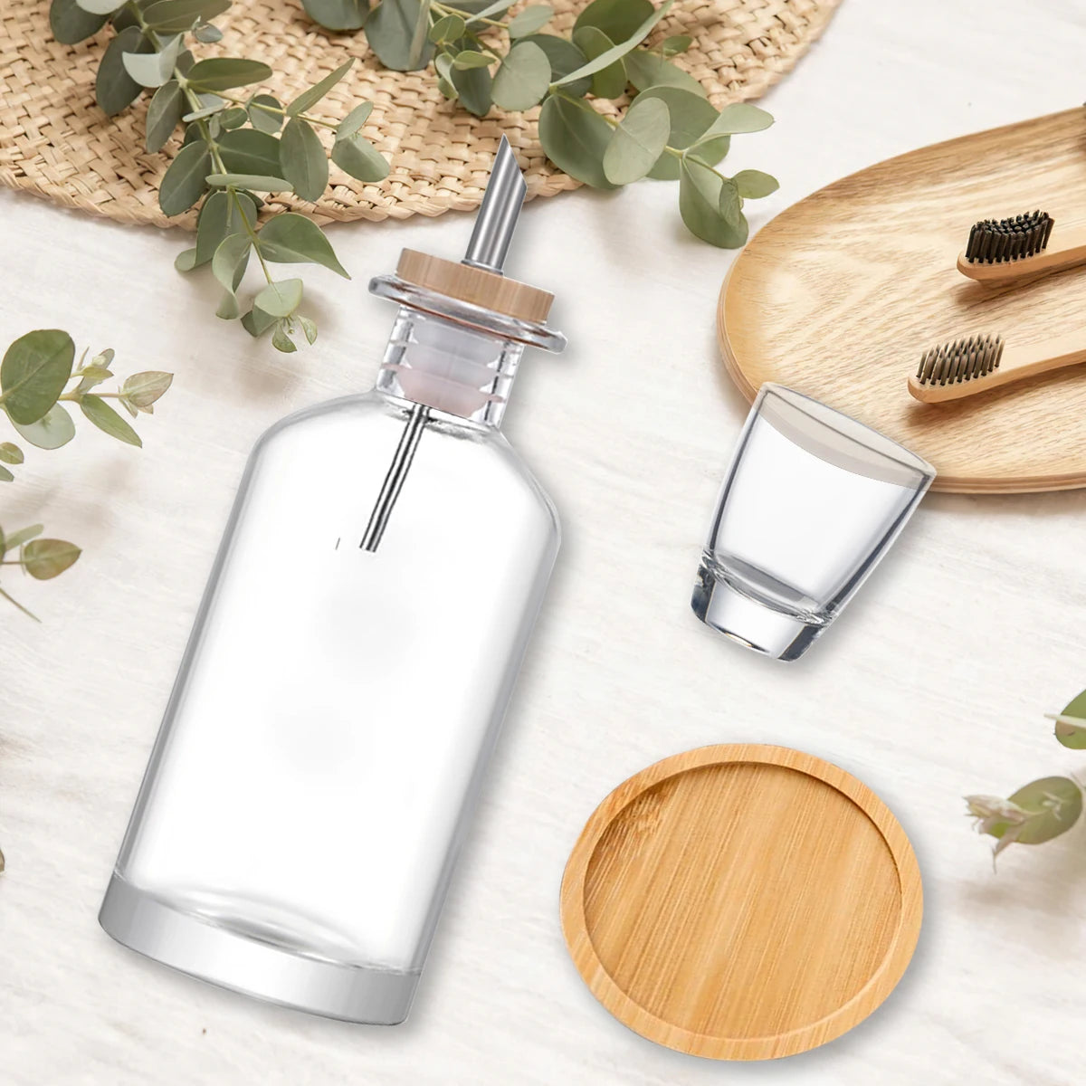 Mouthwash Dispenser for Bathroom with Bamboo & Stainless Steel Pour Spout