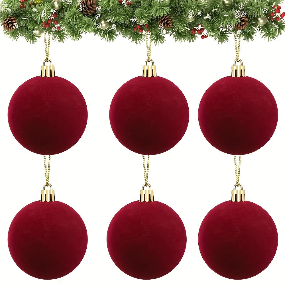 6pcs Luxury Burgundy Red Velvet-Like Texture Flocked Christmas Balls - 1.97 Inch Glossy Spherical Ornaments