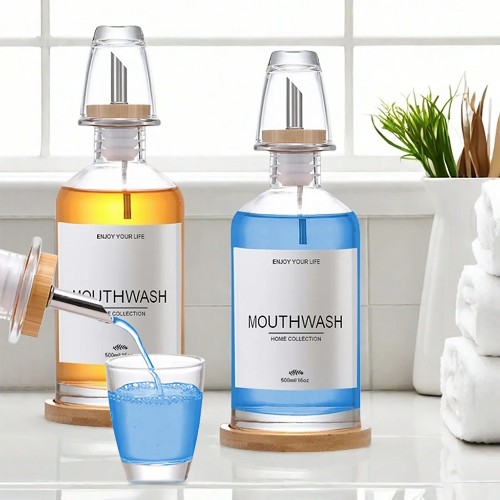 Mouthwash Dispenser for Bathroom with Bamboo & Stainless Steel Pour Spout