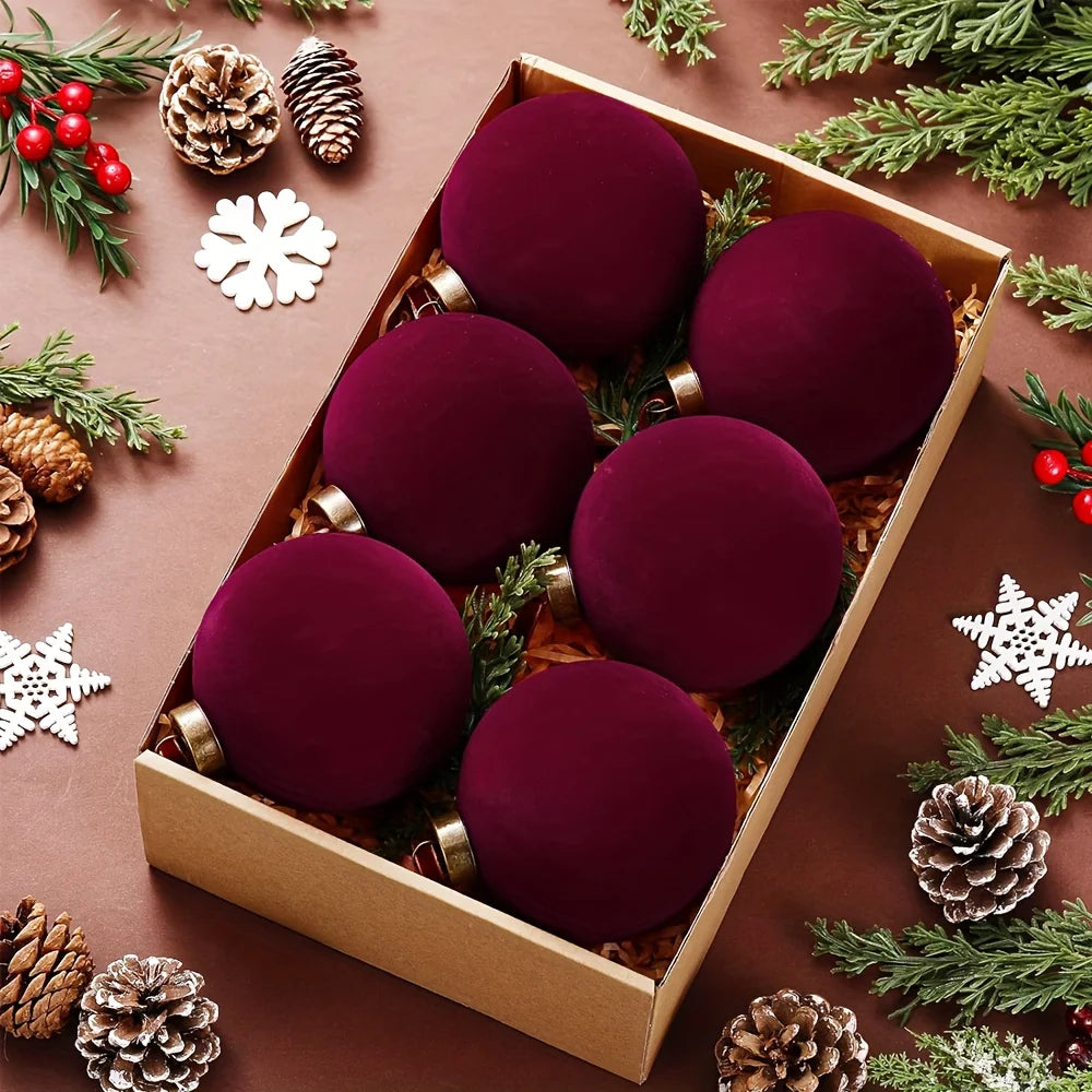 6pcs Luxury Burgundy Red Velvet-Like Texture Flocked Christmas Balls - 1.97 Inch Glossy Spherical Ornaments