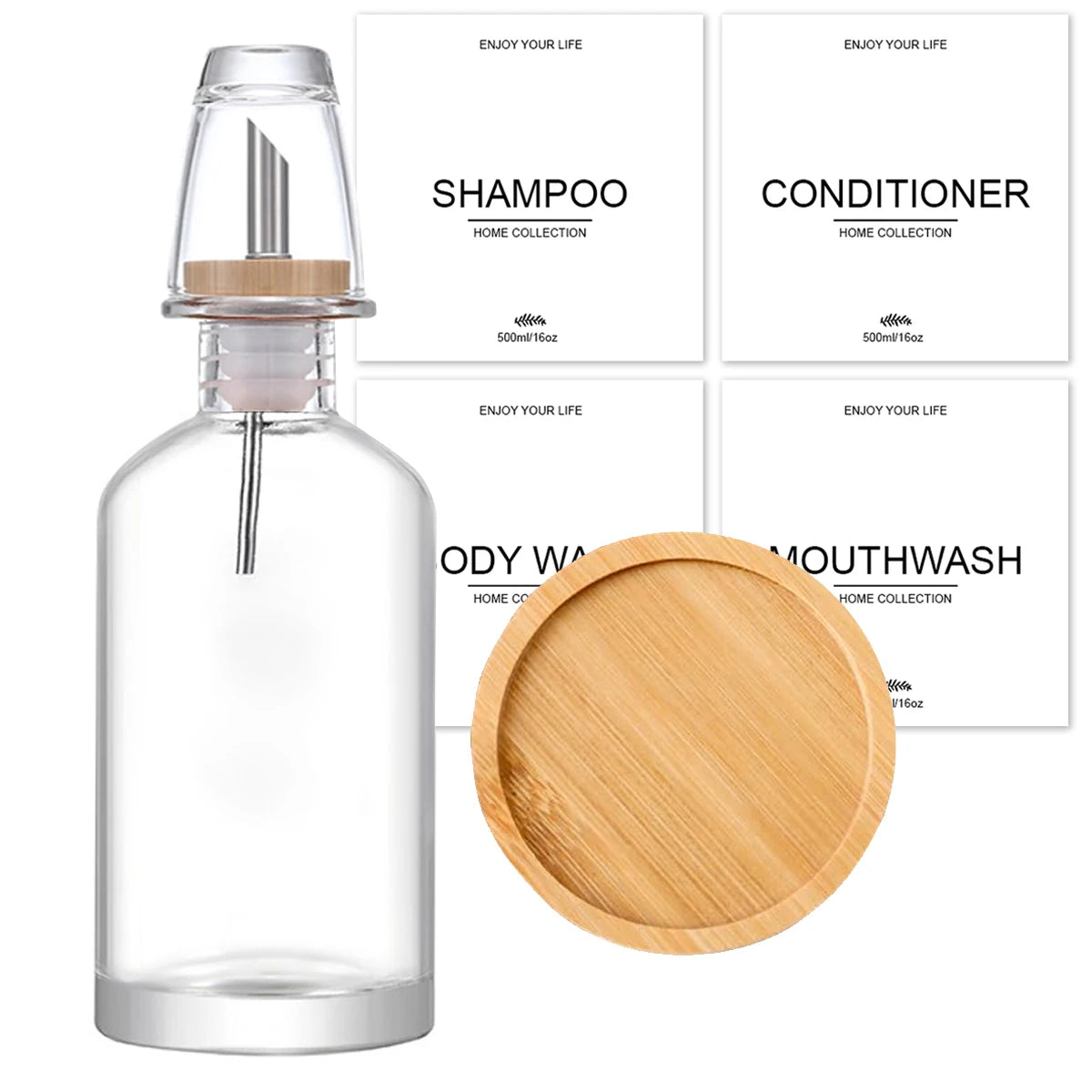 Mouthwash Dispenser for Bathroom with Bamboo & Stainless Steel Pour Spout