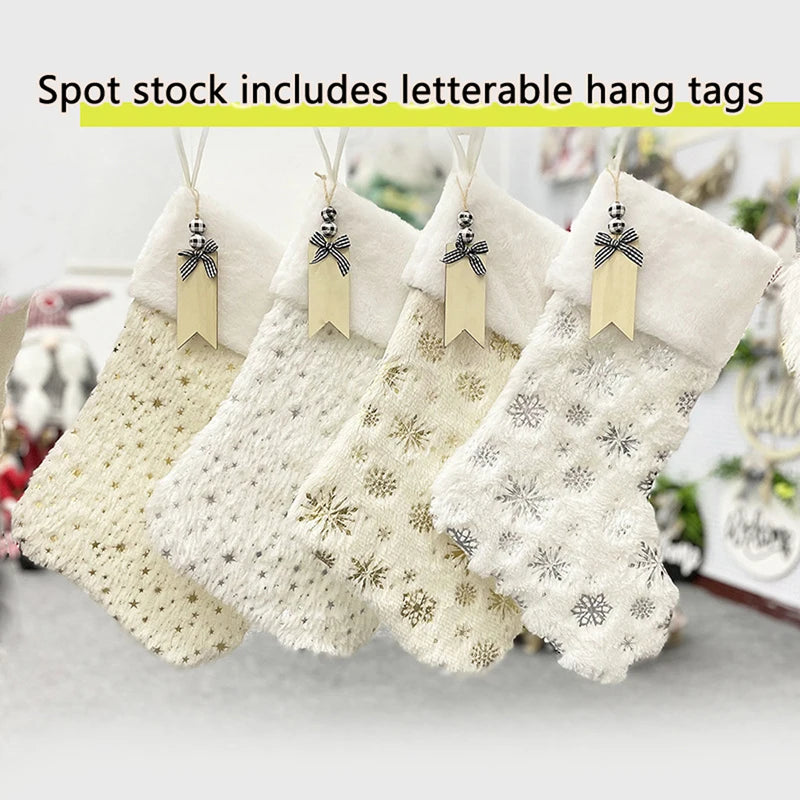 Faux Fur Christmas Stockings 4PCS Snowflake Star Embroidery  with Name Tags for Home Office Party