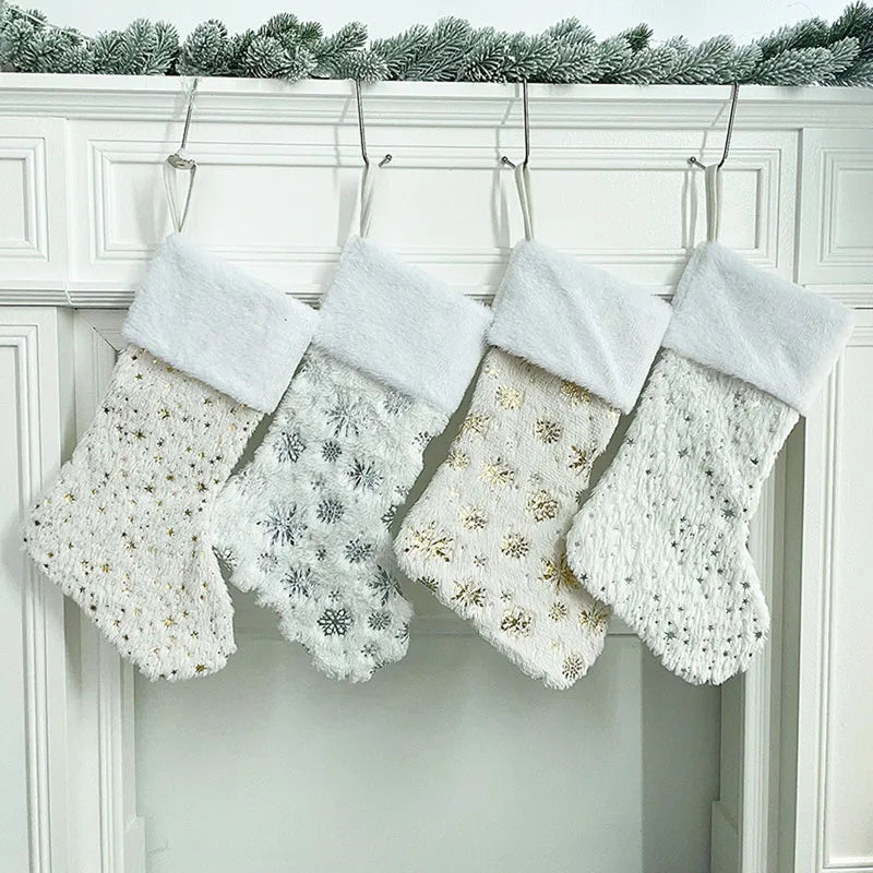 Faux Fur Christmas Stockings 4PCS Snowflake Star Embroidery  with Name Tags for Home Office Party