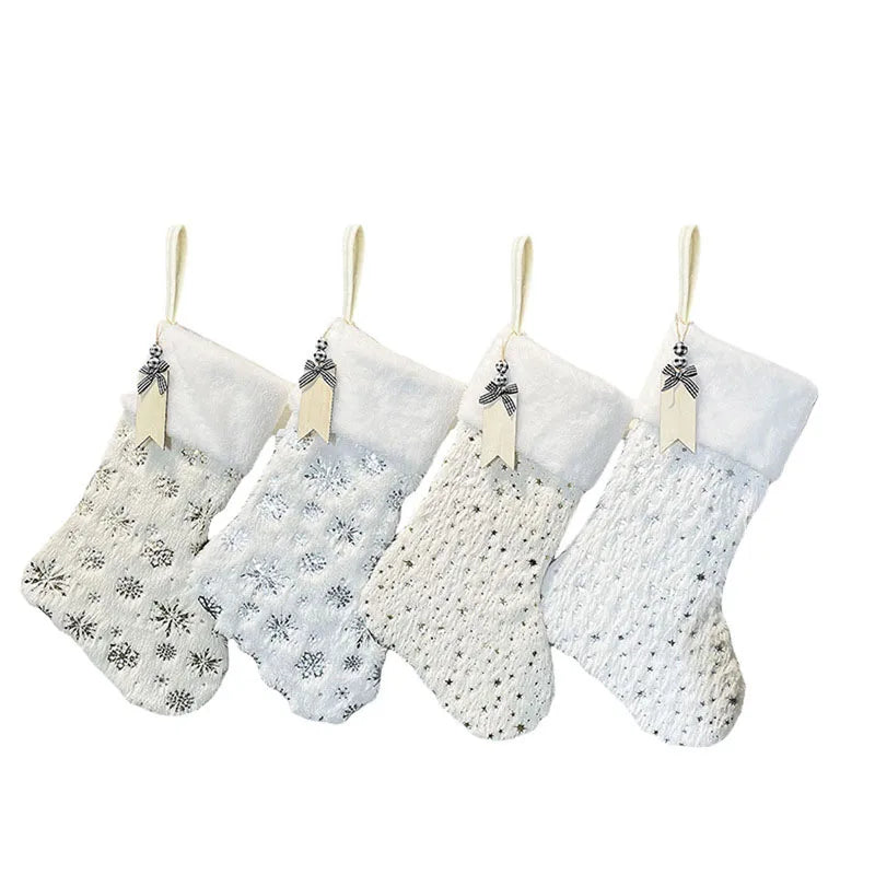 Faux Fur Christmas Stockings 4PCS Snowflake Star Embroidery  with Name Tags for Home Office Party