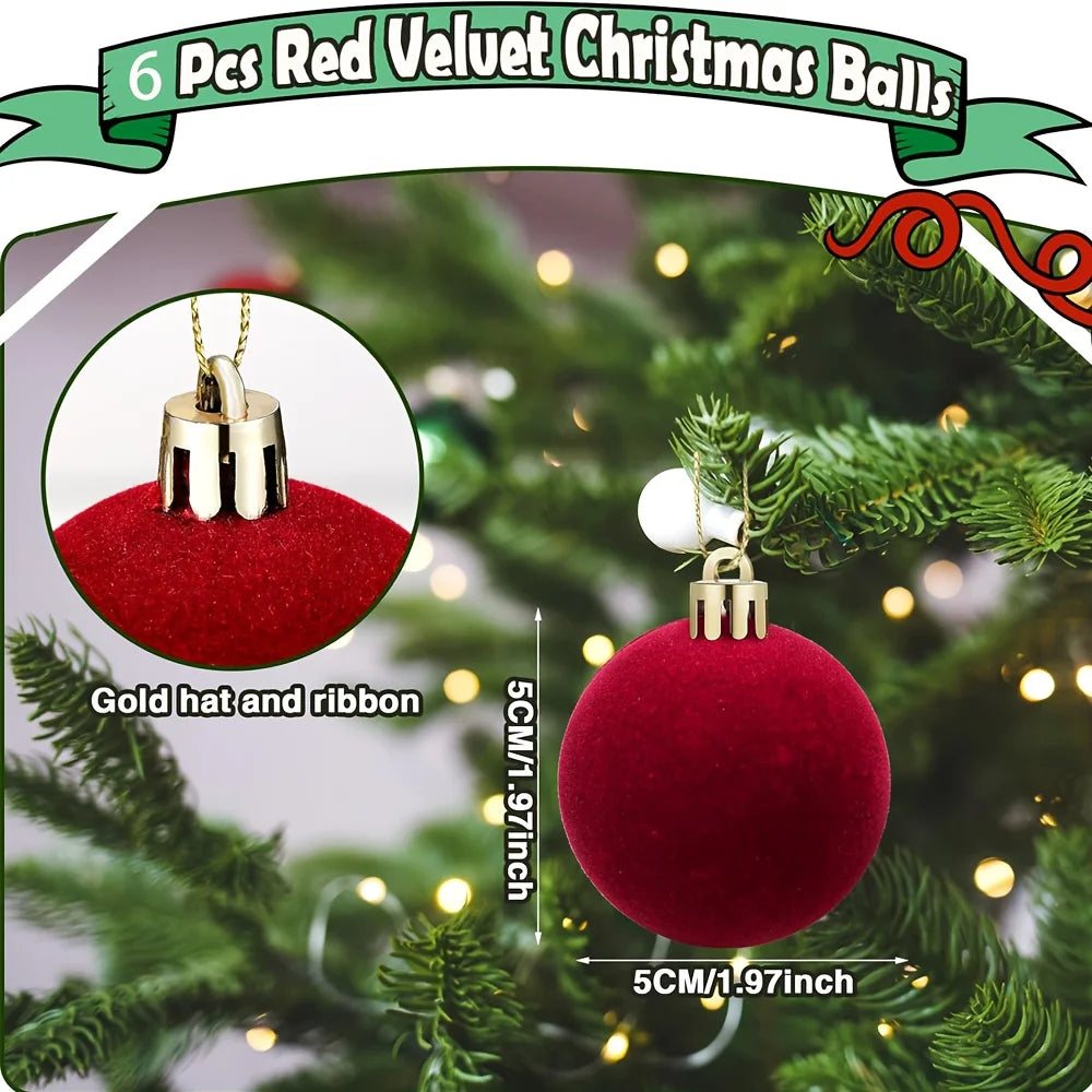 6pcs Luxury Burgundy Red Velvet-Like Texture Flocked Christmas Balls - 1.97 Inch Glossy Spherical Ornaments