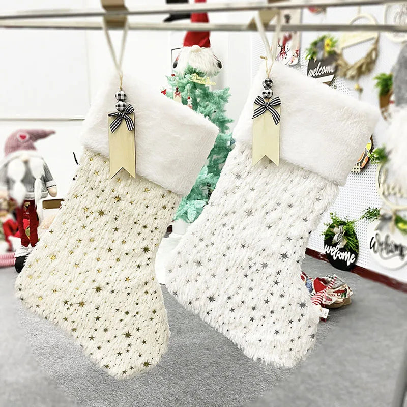 Faux Fur Christmas Stockings 4PCS Snowflake Star Embroidery  with Name Tags for Home Office Party