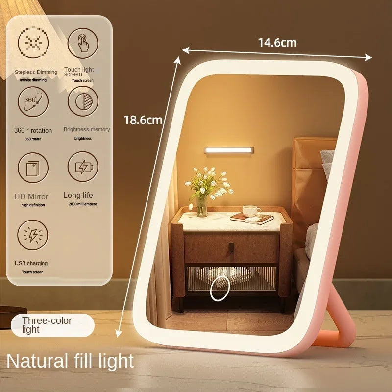 LED Makeup Mirror, 3-Color Light, 360° Rotatable, Touch Control, USB Powered,