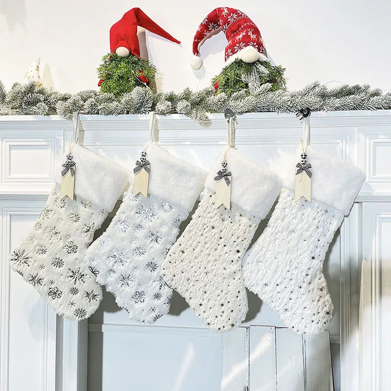 Faux Fur Christmas Stockings 4PCS Snowflake Star Embroidery  with Name Tags for Home Office Party