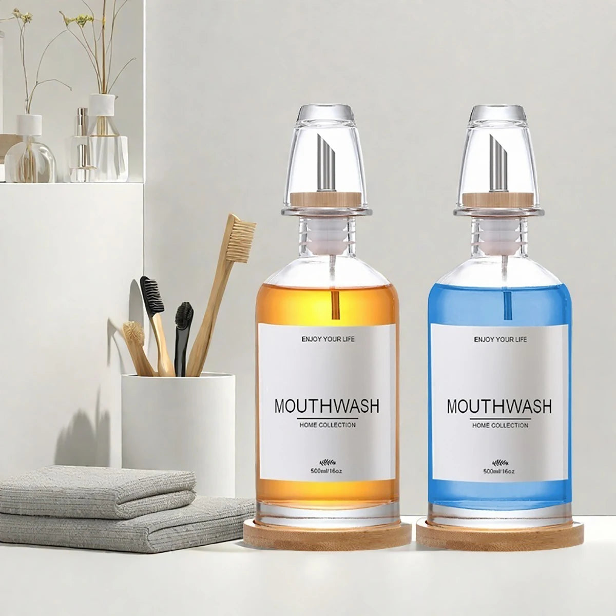 Mouthwash Dispenser for Bathroom with Bamboo & Stainless Steel Pour Spout