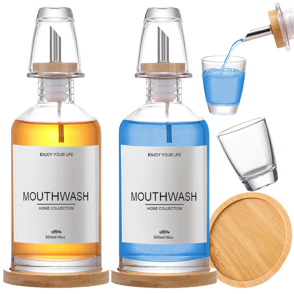 Mouthwash Dispenser for Bathroom with Bamboo & Stainless Steel Pour Spout