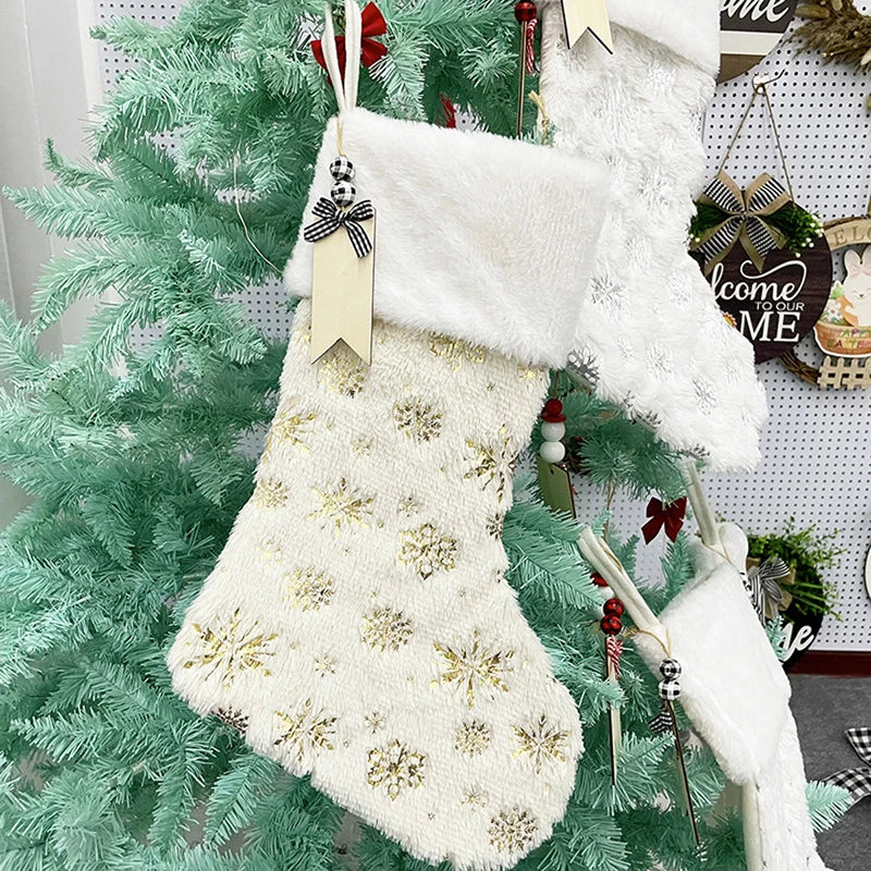 Faux Fur Christmas Stockings 4PCS Snowflake Star Embroidery  with Name Tags for Home Office Party