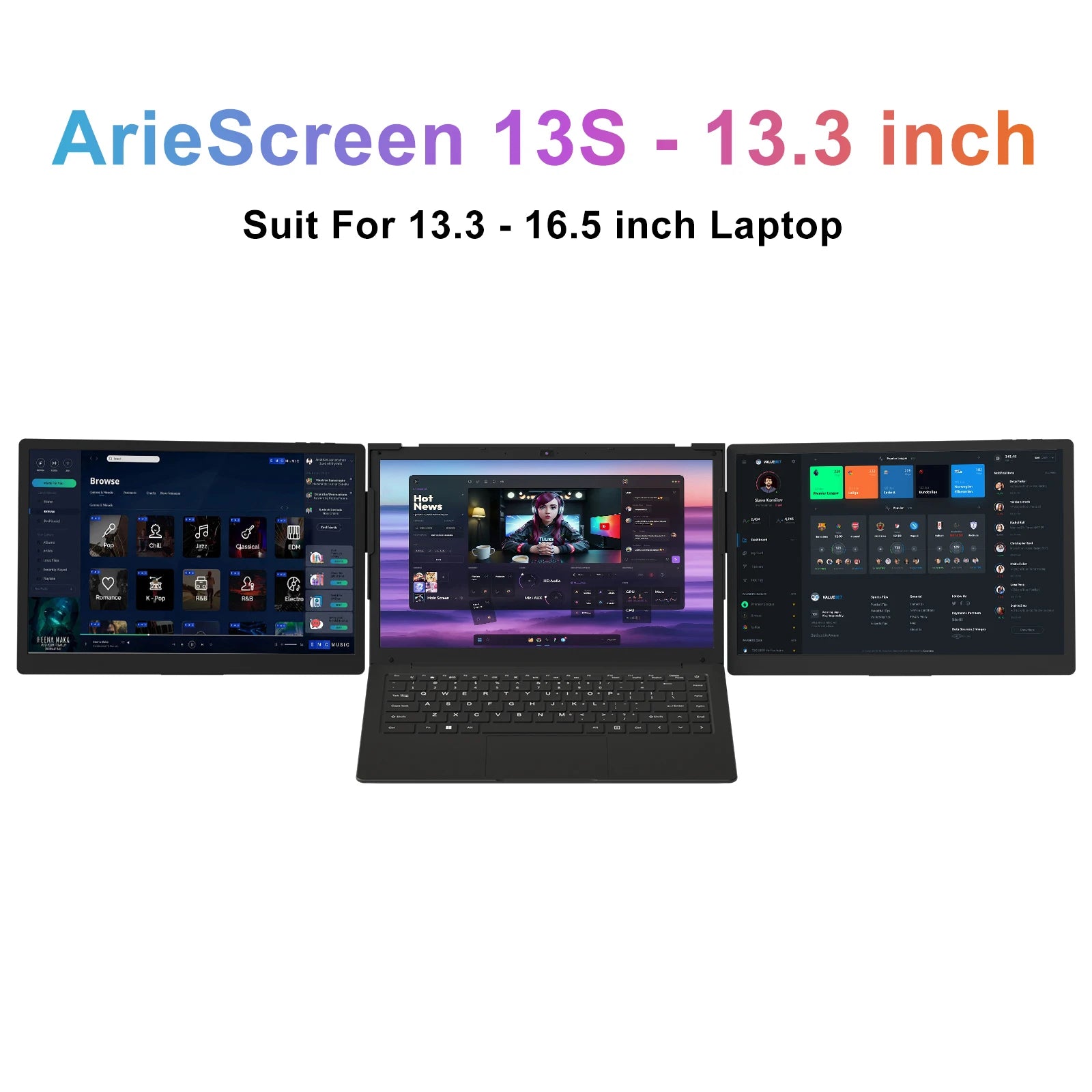 FHD Portable Tri-screen Monitor 3 Displays for 13.3-16 inch Laptop