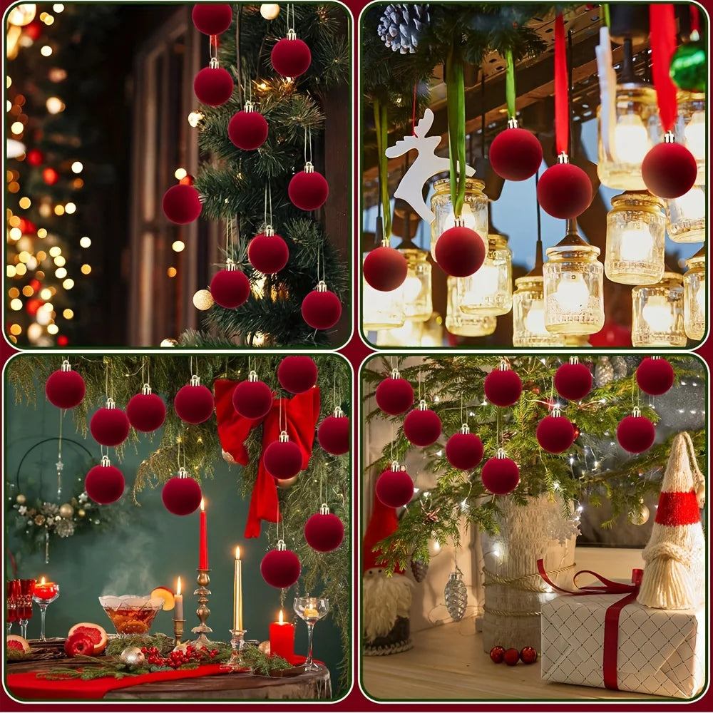 6pcs Luxury Burgundy Red Velvet-Like Texture Flocked Christmas Balls - 1.97 Inch Glossy Spherical Ornaments